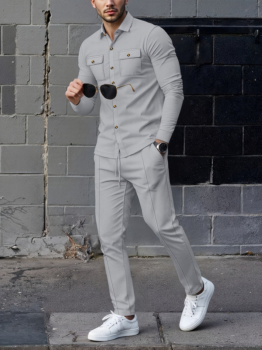 Waffle Knit Tracksuit Set Men's White Button Shirt Drawstring Trousers – Casual, Office, Holiday