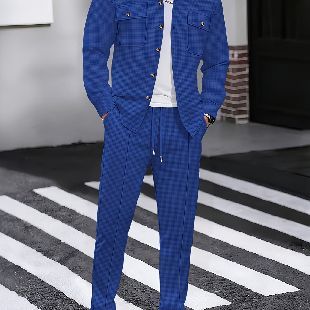 Waffle Knit Tracksuit Set Men's White Button Shirt Drawstring Trousers – Casual, Office, Holiday