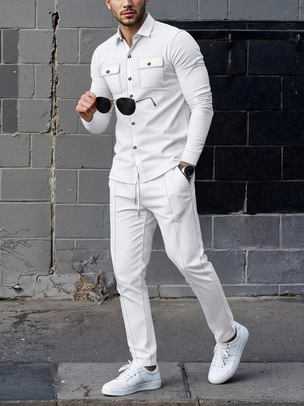Waffle Knit Tracksuit Set Men's White Button Shirt Drawstring Trousers – Casual, Office, Holiday