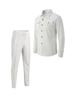 Waffle Knit Tracksuit Set Men's White Button Shirt Drawstring Trousers – Casual, Office, Holiday