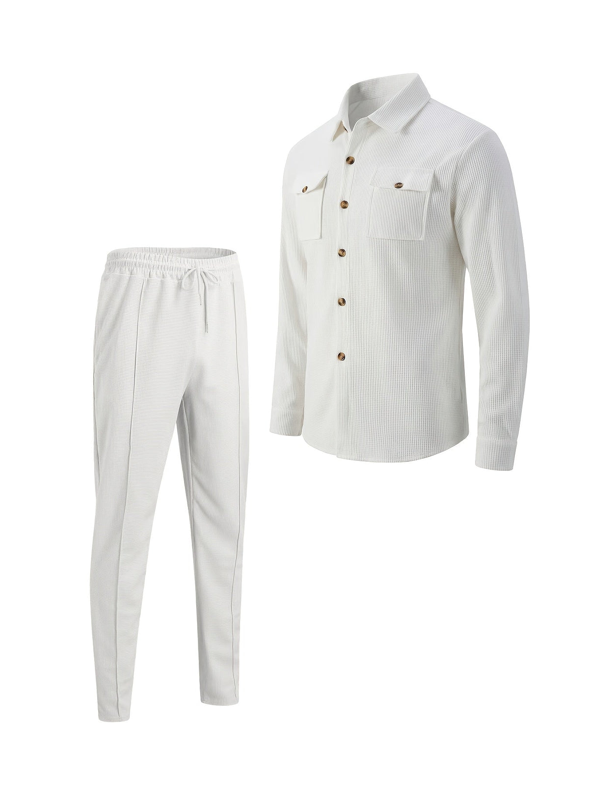 Waffle Knit Tracksuit Set Men's White Button Shirt Drawstring Trousers – Casual, Office, Holiday