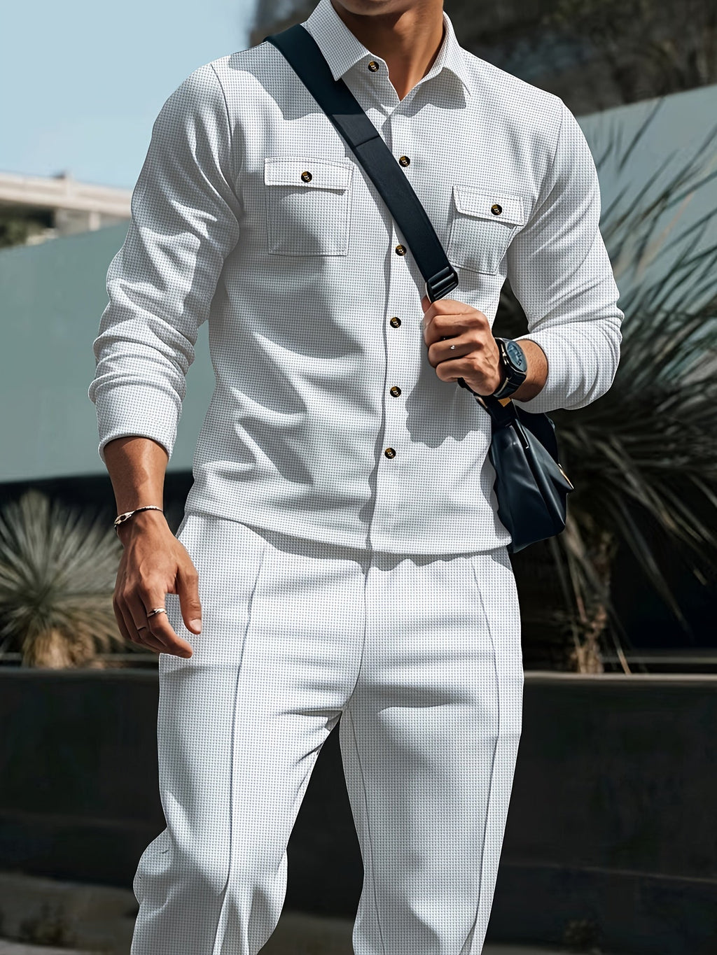 Waffle Knit Tracksuit Set Men's White Button Shirt Drawstring Trousers – Casual, Office, Holiday