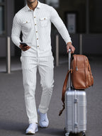 Waffle Knit Tracksuit Set Men's White Button Shirt Drawstring Trousers – Casual, Office, Holiday
