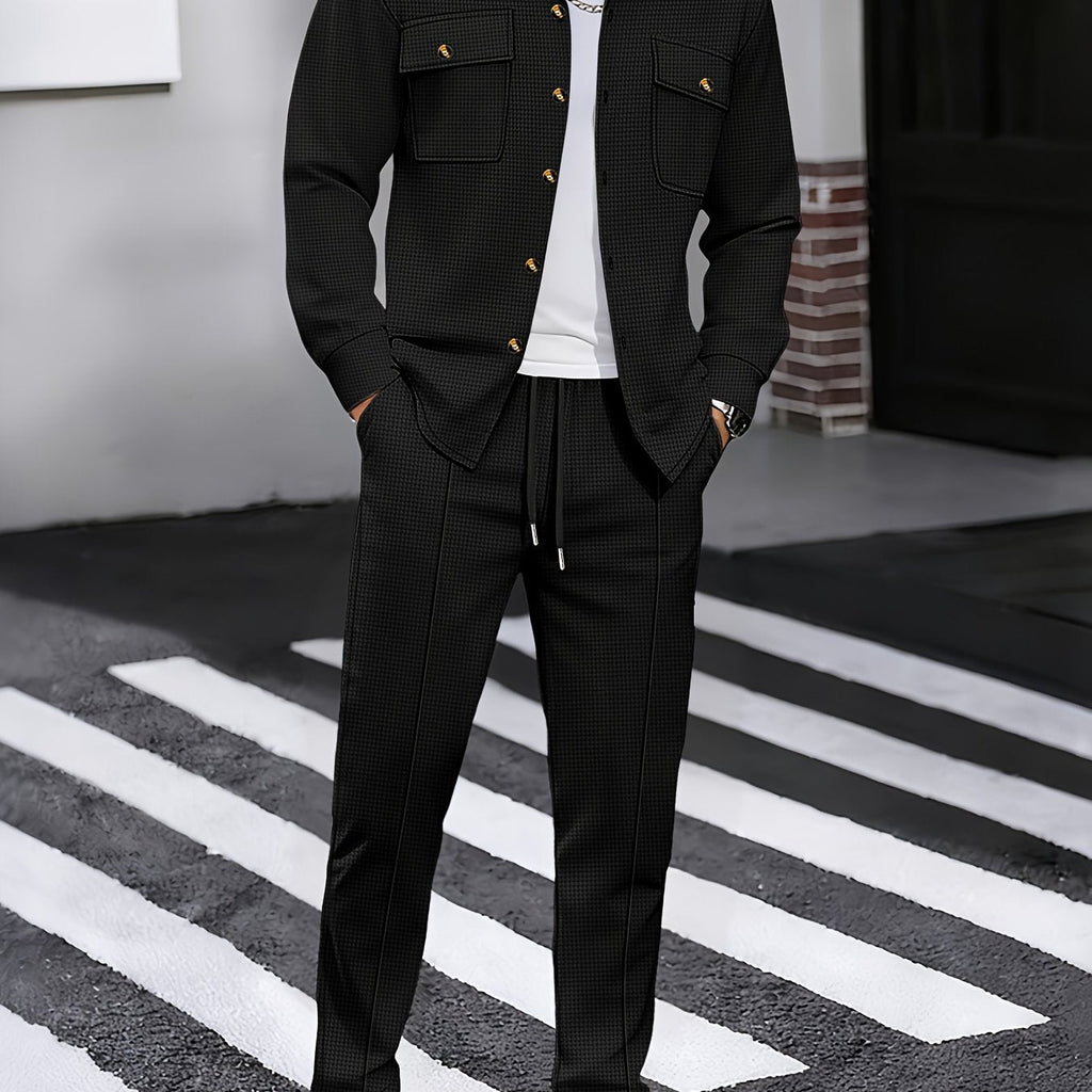 Waffle Knit Tracksuit Set Men's White Button Shirt Drawstring Trousers – Casual, Office, Holiday