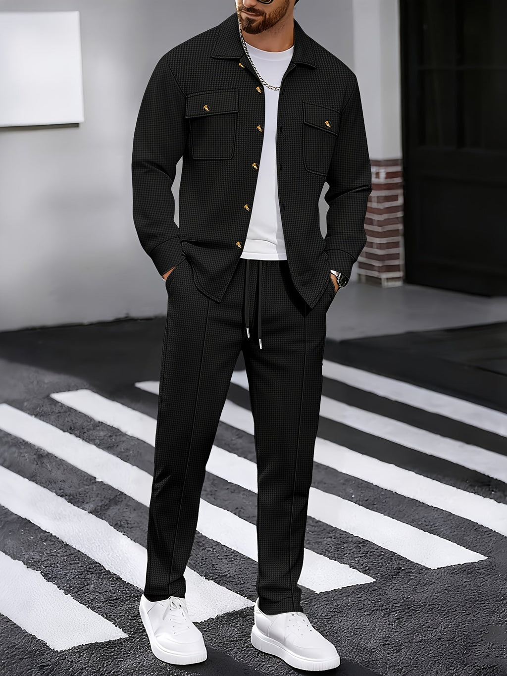 Waffle Knit Tracksuit Set Men's White Button Shirt Drawstring Trousers – Casual, Office, Holiday