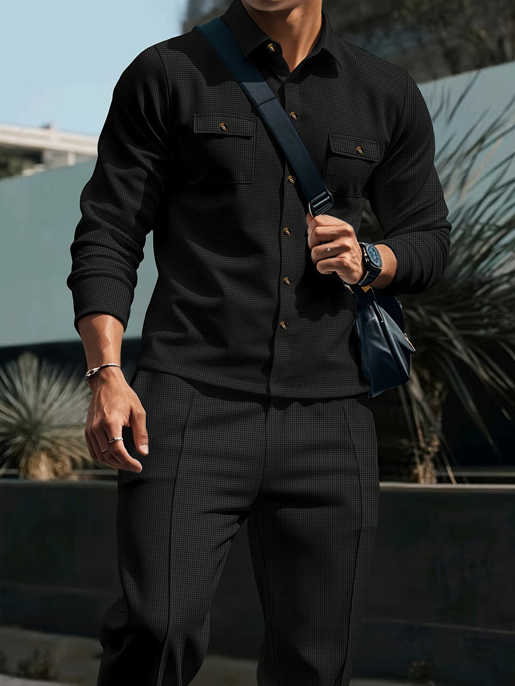 Waffle Knit Tracksuit Set Men's White Button Shirt Drawstring Trousers – Casual, Office, Holiday