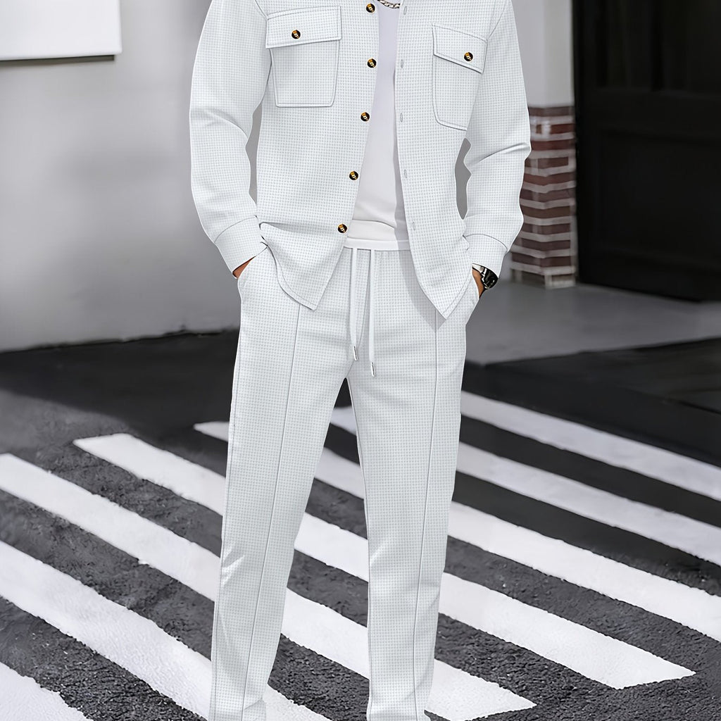 Waffle Knit Tracksuit Set Men's White Button Shirt Drawstring Trousers – Casual, Office, Holiday