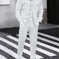 Waffle Knit Tracksuit Set Men's White Button Shirt Drawstring Trousers – Casual, Office, Holiday