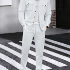 Waffle Knit Tracksuit Set Men's White Button Shirt Drawstring Trousers – Casual, Office, Holiday