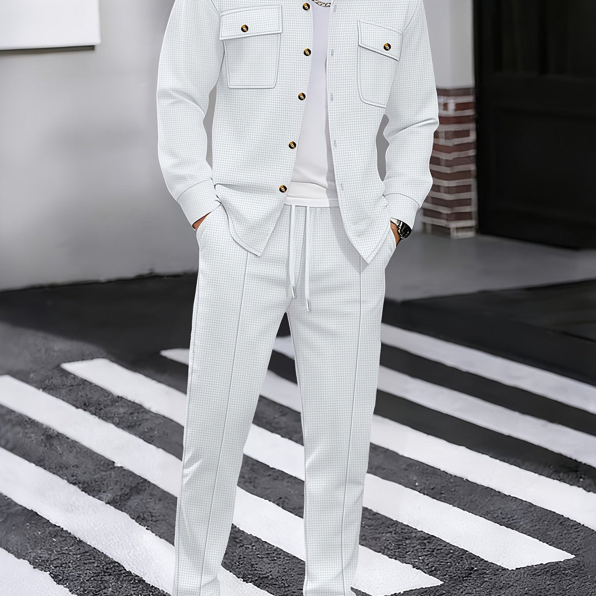 Waffle Knit Tracksuit Set Men's White Button Shirt Drawstring Trousers – Casual, Office, Holiday