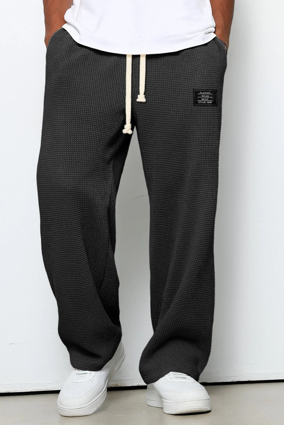 Waffle Knit Trousers Light Blue Men's Wide Leg Drawstring – Casual, Loungewear · Werune
