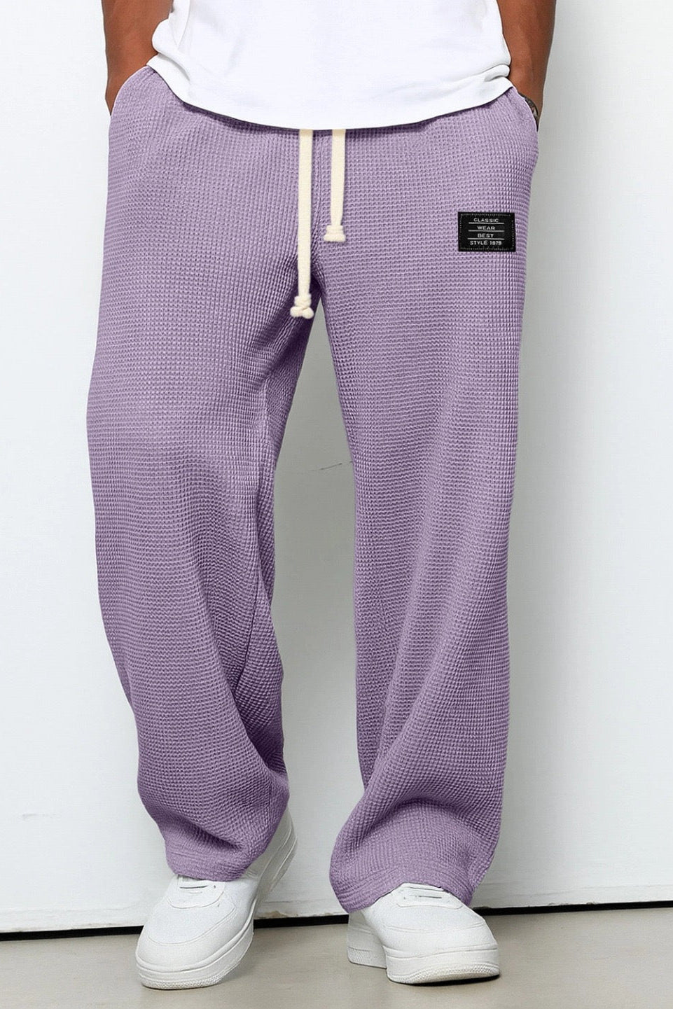 Waffle Knit Trousers Light Blue Men's Wide Leg Drawstring – Casual, Loungewear · Werune