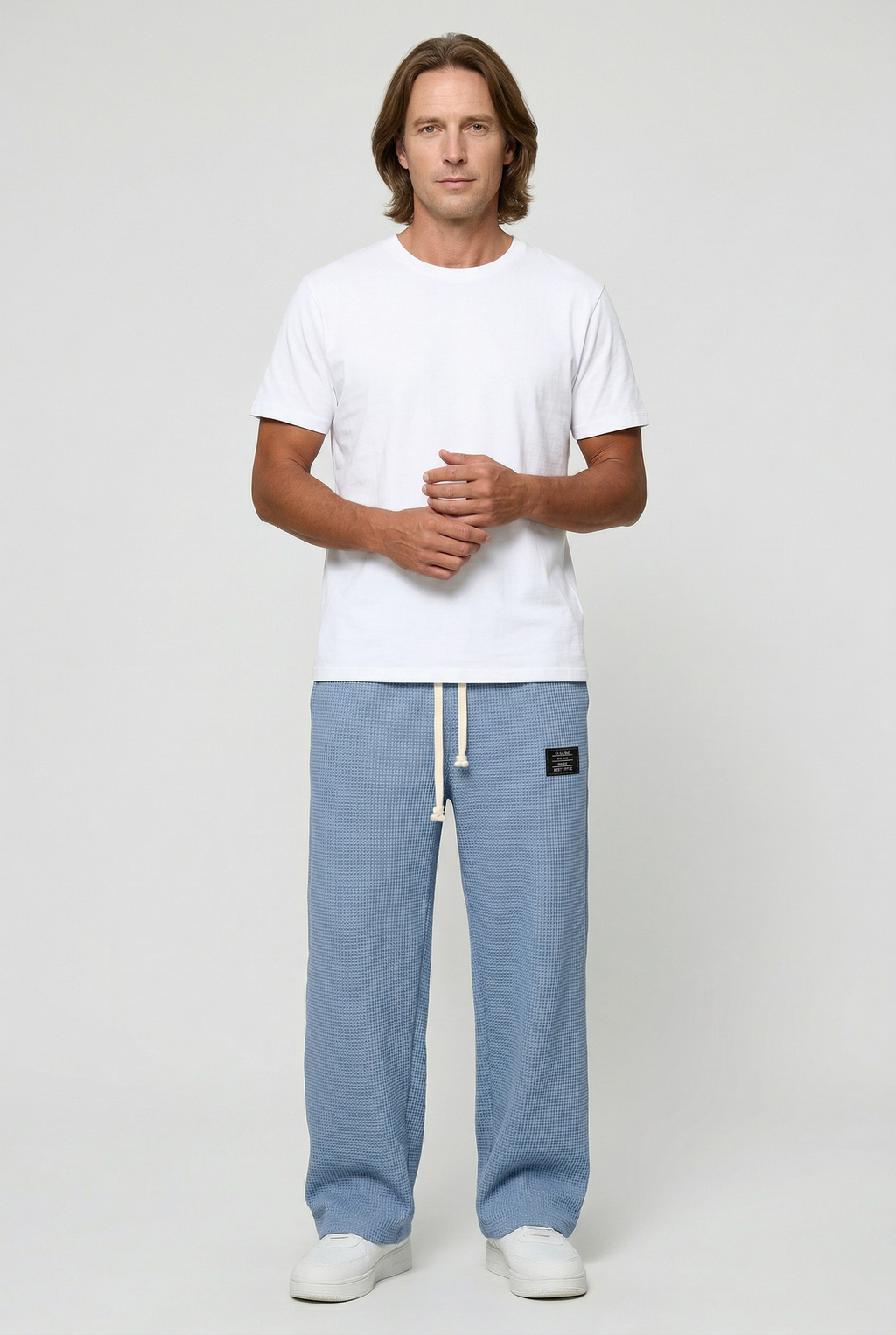 Waffle Knit Trousers Light Blue Men's Wide Leg Drawstring – Casual, Loungewear · Werune