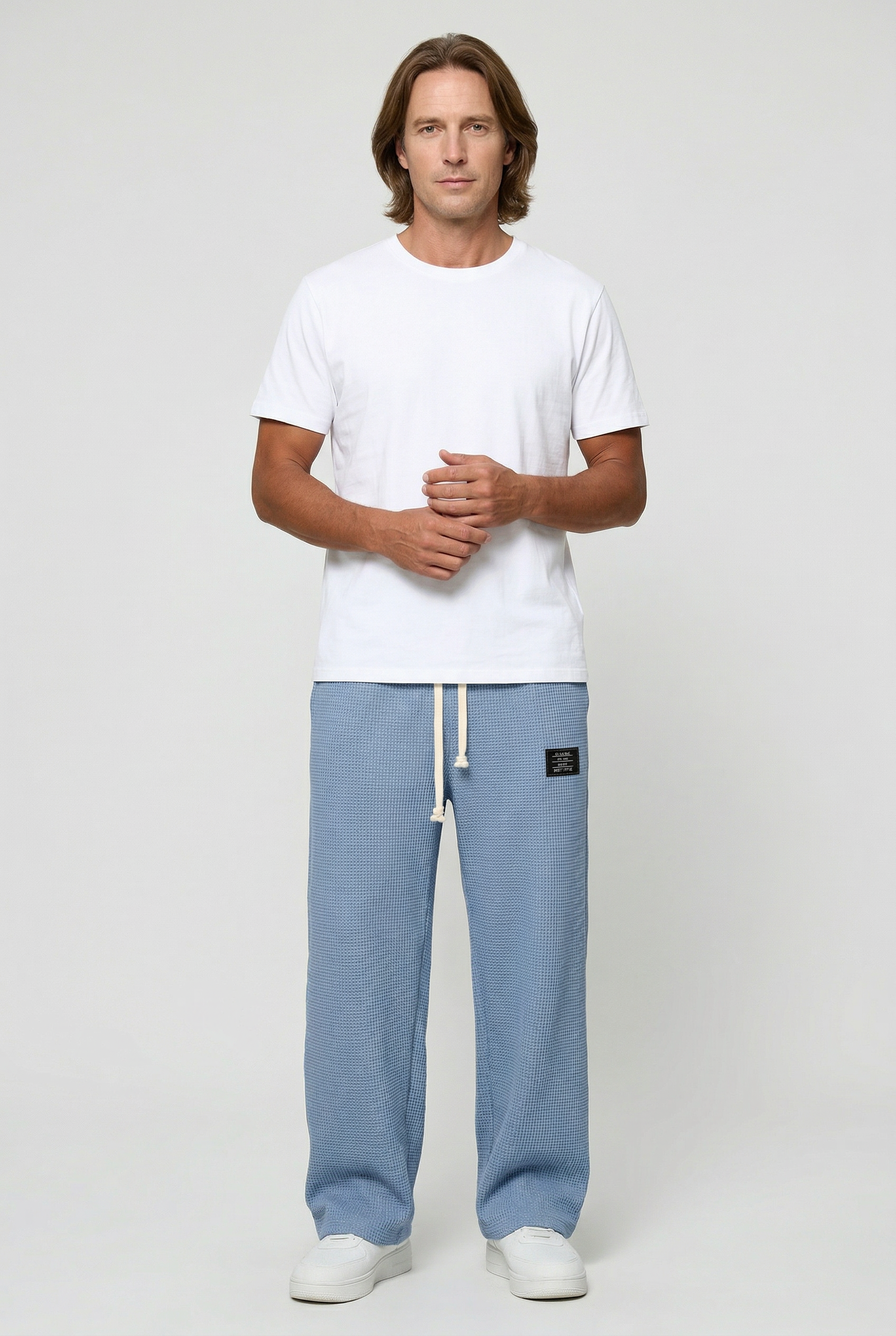 Waffle Knit Trousers Light Blue Men's Wide Leg Drawstring – Casual, Loungewear · Werune