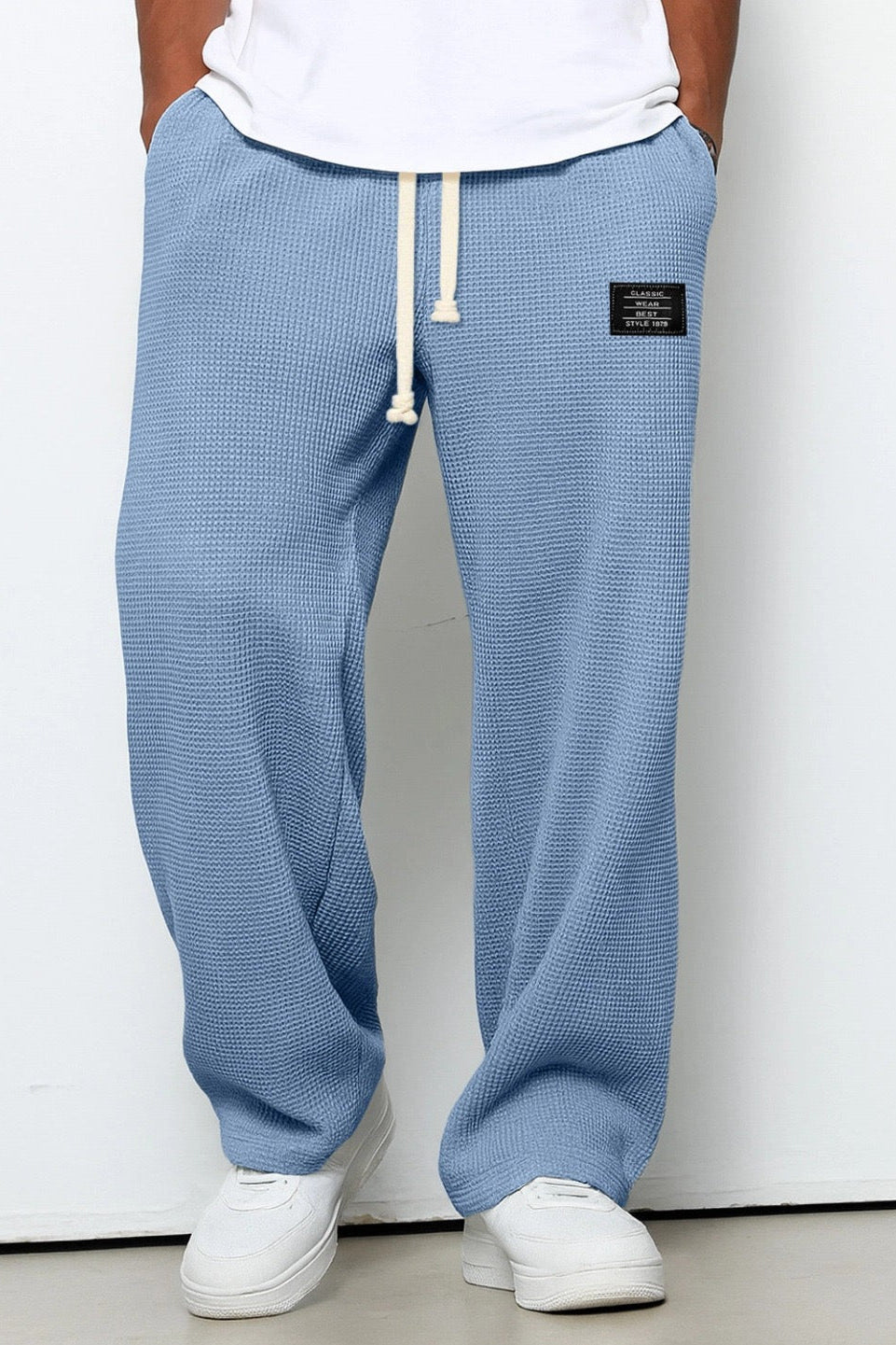 Waffle Knit Trousers Light Blue Men's Wide Leg Drawstring – Casual, Loungewear · Werune