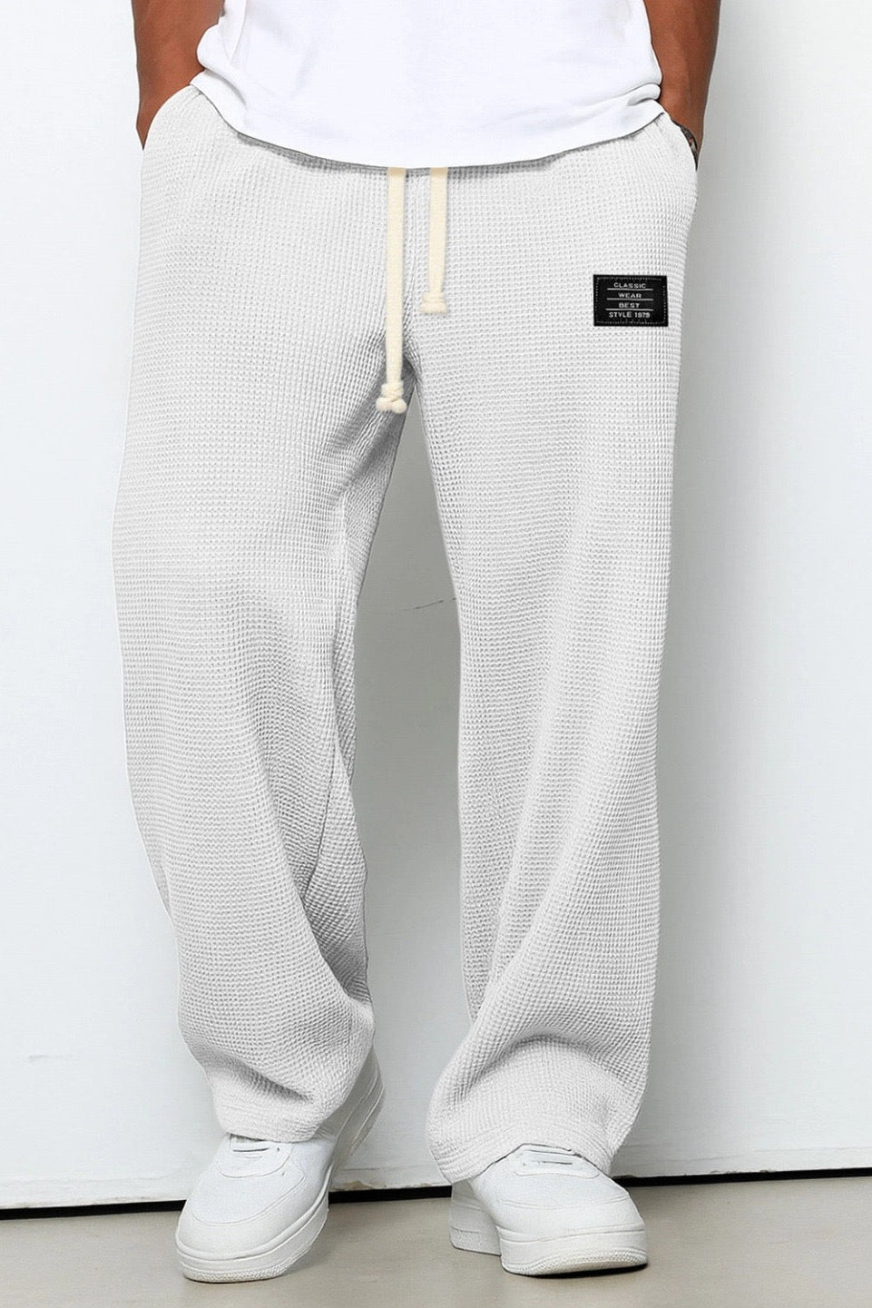 Waffle Knit Trousers Light Blue Men's Wide Leg Drawstring – Casual, Loungewear · Werune