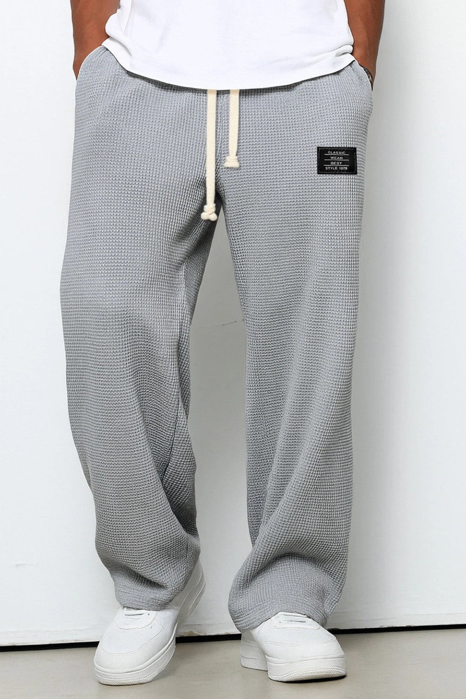 Waffle Knit Trousers Light Blue Men's Wide Leg Drawstring – Casual, Loungewear · Werune