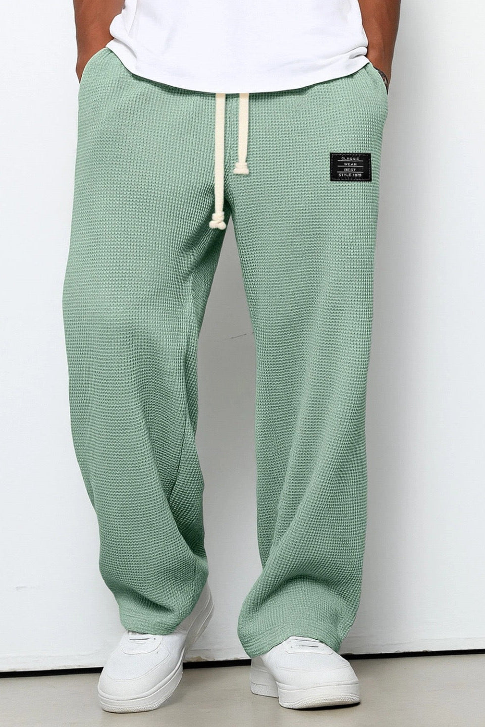 Waffle Knit Trousers Light Blue Men's Wide Leg Drawstring – Casual, Loungewear · Werune