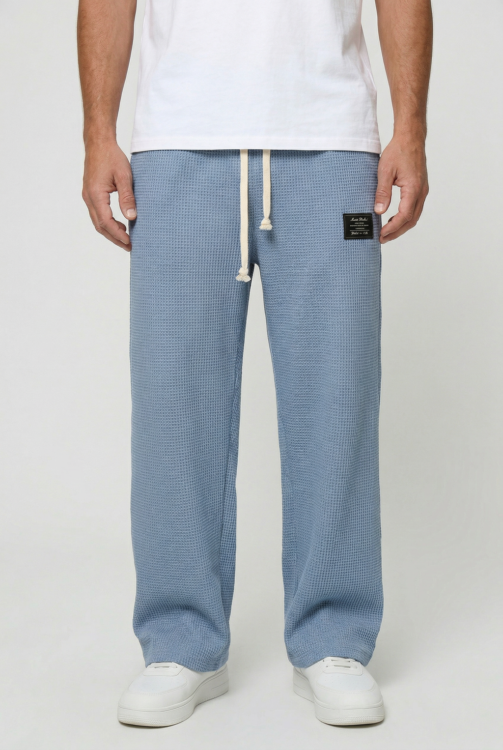 Waffle Knit Trousers Light Blue Men's Wide Leg Drawstring – Casual, Loungewear · Werune