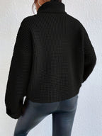 Waffle Knit Turtleneck Jumper Black Oversized Women's – Casual, Office, Holiday Gift