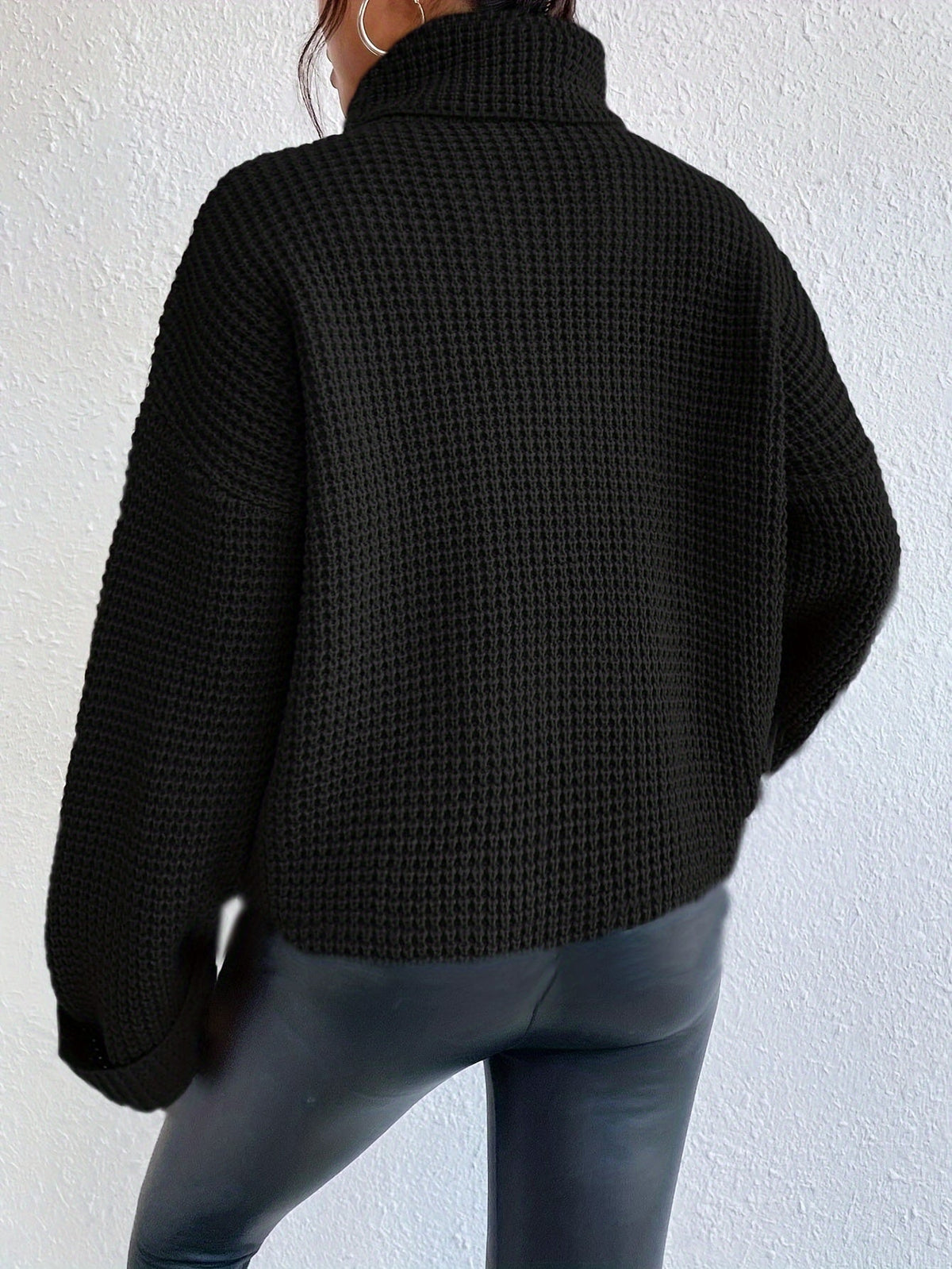 Waffle Knit Turtleneck Jumper Black Oversized Women's – Casual, Office, Holiday Gift