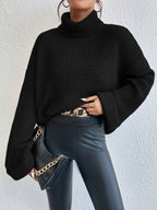 Waffle Knit Turtleneck Jumper Black Oversized Women's – Casual, Office, Holiday Gift