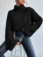 Waffle Knit Turtleneck Jumper Black Oversized Women's – Casual, Office, Holiday Gift