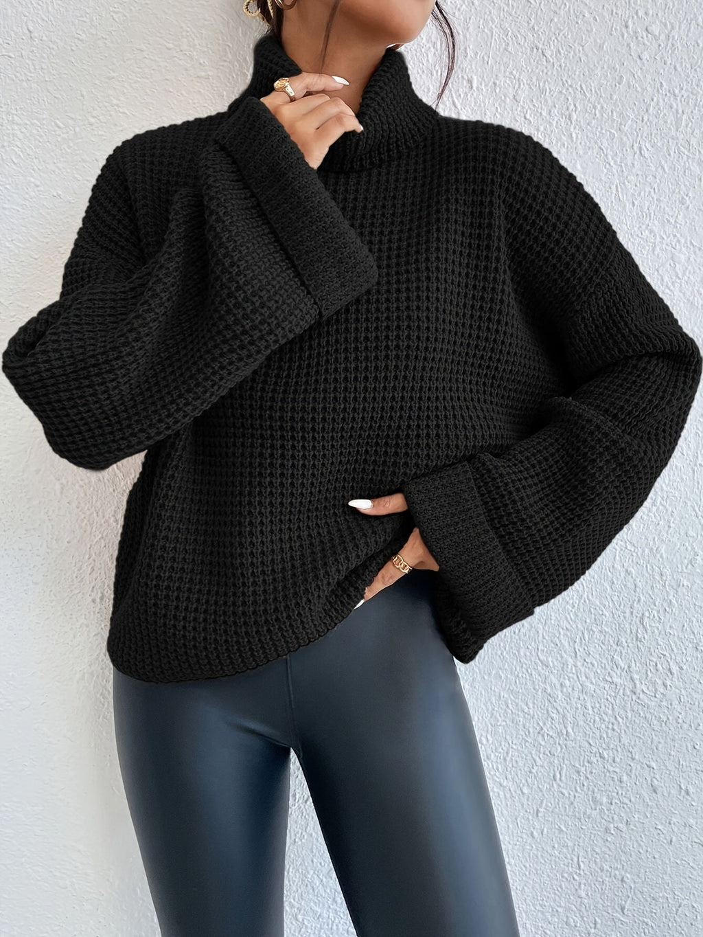 Waffle Knit Turtleneck Jumper Black Oversized Women's – Casual, Office, Holiday Gift