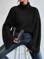 Waffle Knit Turtleneck Jumper Black Oversized Women's – Casual, Office, Holiday Gift