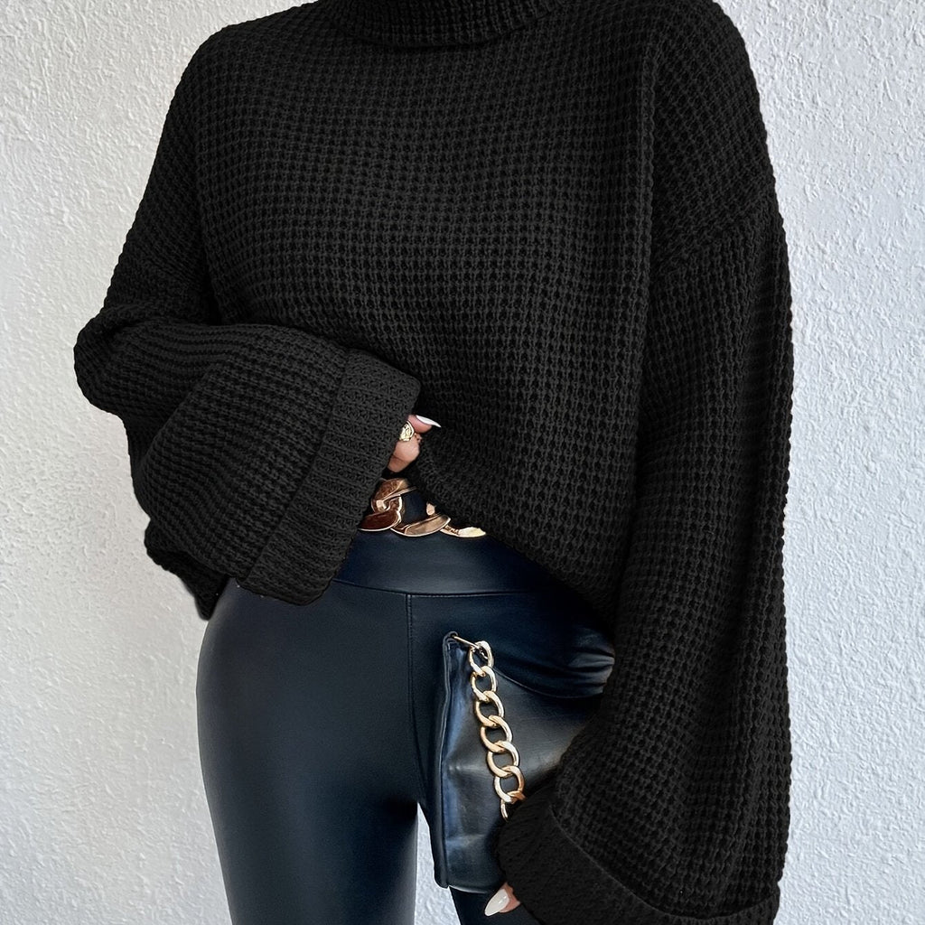 Waffle Knit Turtleneck Jumper Black Oversized Women's – Casual, Office, Holiday Gift