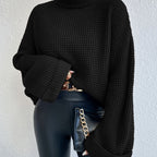 Waffle Knit Turtleneck Jumper Black Oversized Women's – Casual, Office, Holiday Gift