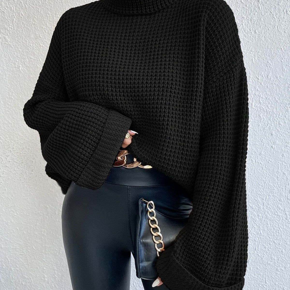 Waffle Knit Turtleneck Jumper Black Oversized Women's – Casual, Office, Holiday Gift