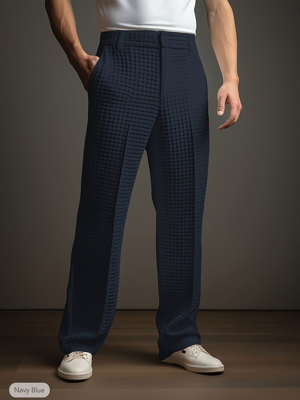 Waffle Textured Trousers Navy Men's Straight-Leg Wide Fit – Casual, Office · Werune