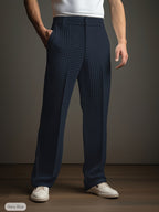 Waffle Textured Trousers Navy Men's Straight-Leg Wide Fit – Casual, Office · Werune