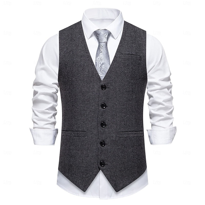 Waistcoat Herringbone Tweed Grey Men's Single-Breasted V-Neck – Office, Wedding, Formal, Gift
