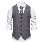 Waistcoat Herringbone Tweed Grey Men's Single-Breasted V-Neck – Office, Wedding, Formal, Gift