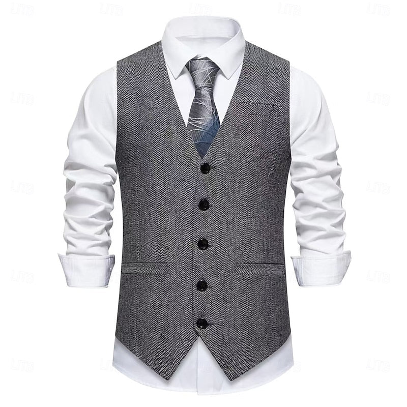 Waistcoat Herringbone Tweed Grey Men's Single-Breasted V-Neck – Office, Wedding, Formal, Gift