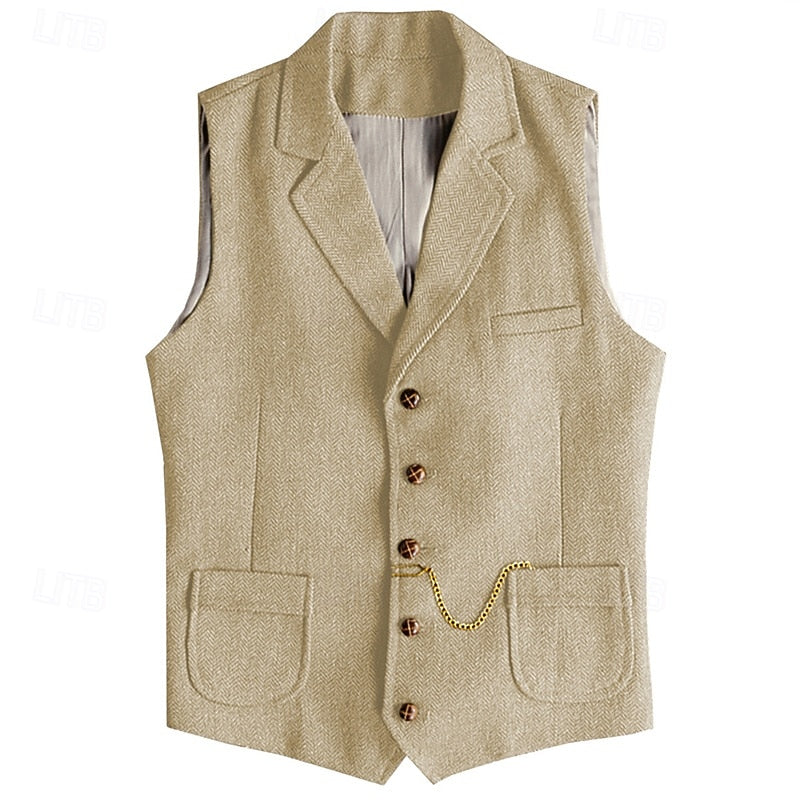 Waistcoat Herringbone Tweed Men's Lapel Suit Vest Brown – Wedding, Office, Casual, Formal Gift