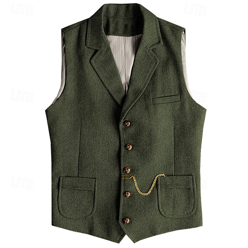 Waistcoat Herringbone Tweed Men's Lapel Suit Vest Brown – Wedding, Office, Casual, Formal Gift