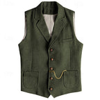Waistcoat Herringbone Tweed Men's Lapel Suit Vest Brown – Wedding, Office, Casual, Formal Gift