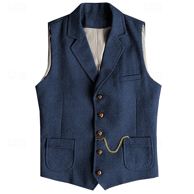 Waistcoat Herringbone Tweed Men's Lapel Suit Vest Brown – Wedding, Office, Casual, Formal Gift