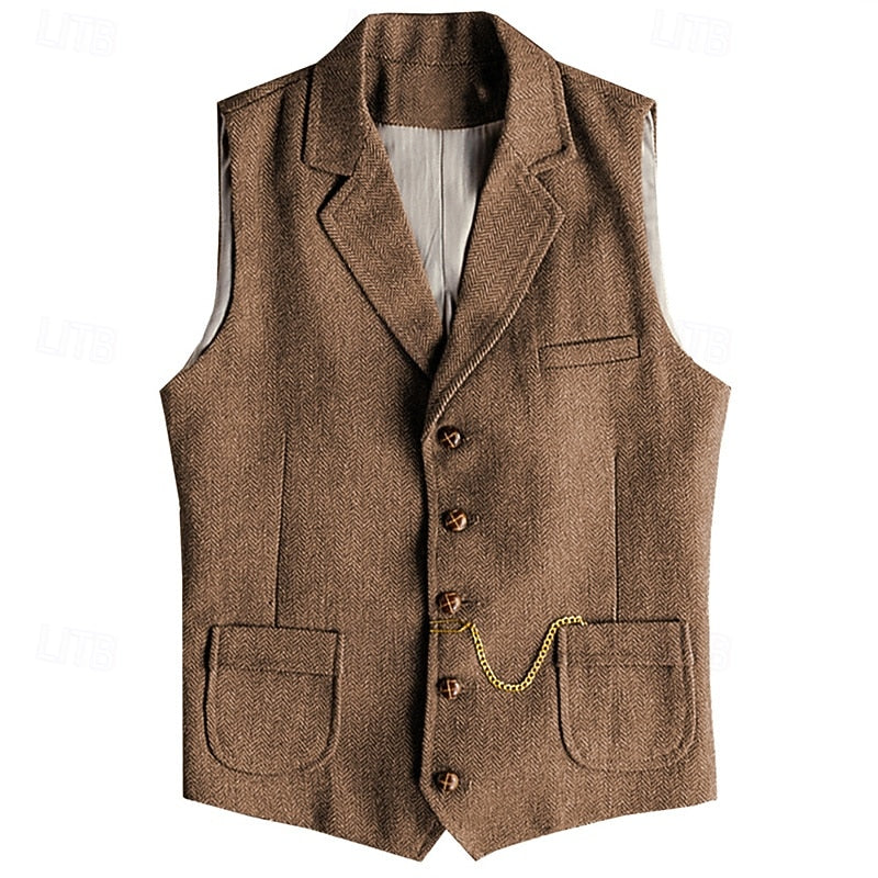 Waistcoat Herringbone Tweed Men's Lapel Suit Vest Brown – Wedding, Office, Casual, Formal Gift