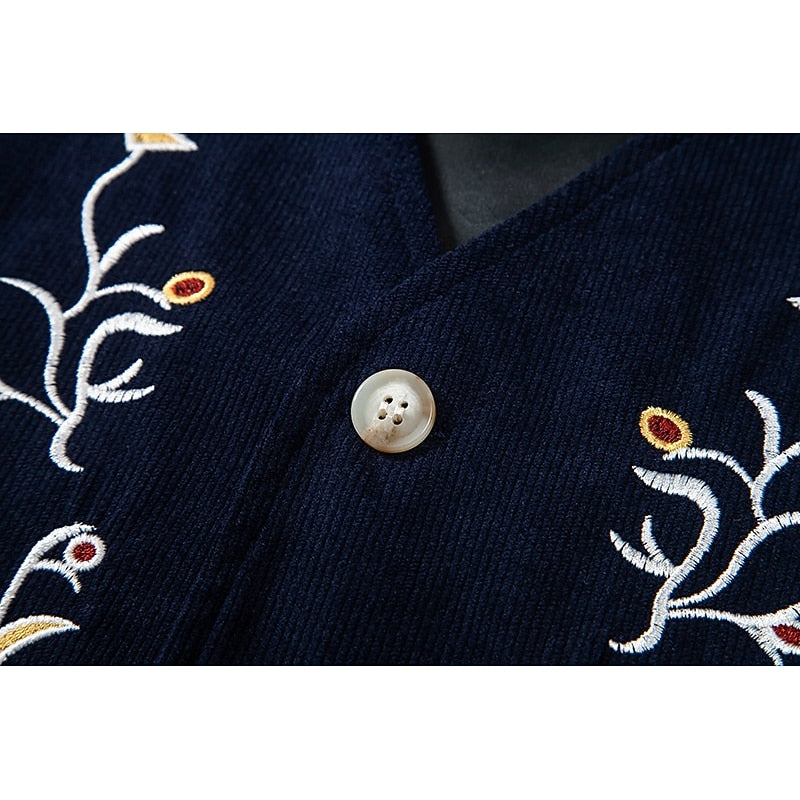 Waistcoat Men's Brown Floral Embroidered V-Neck Single-Breasted Vest – Casual, Office, Holiday, Gift
