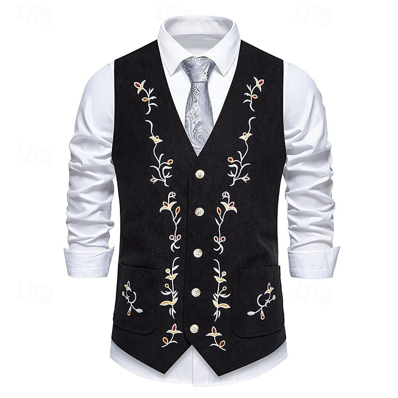 Waistcoat Men's Brown Floral Embroidered V-Neck Single-Breasted Vest – Casual, Office, Holiday, Gift