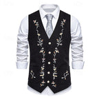 Waistcoat Men's Brown Floral Embroidered V-Neck Single-Breasted Vest – Casual, Office, Holiday, Gift