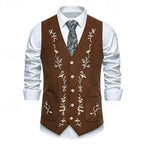 Waistcoat Men's Brown Floral Embroidered V-Neck Single-Breasted Vest – Casual, Office, Holiday, Gift