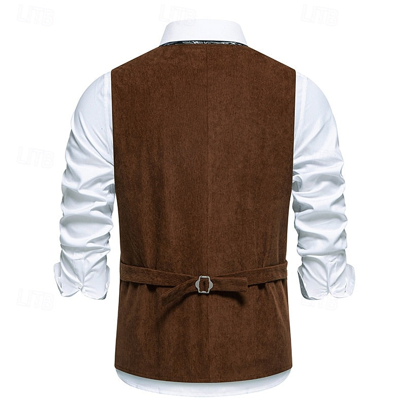 Waistcoat Men's Brown Floral Embroidered V-Neck Single-Breasted Vest – Casual, Office, Holiday, Gift