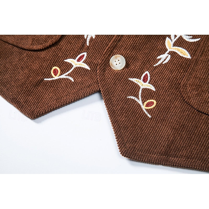 Waistcoat Men's Brown Floral Embroidered V-Neck Single-Breasted Vest – Casual, Office, Holiday, Gift