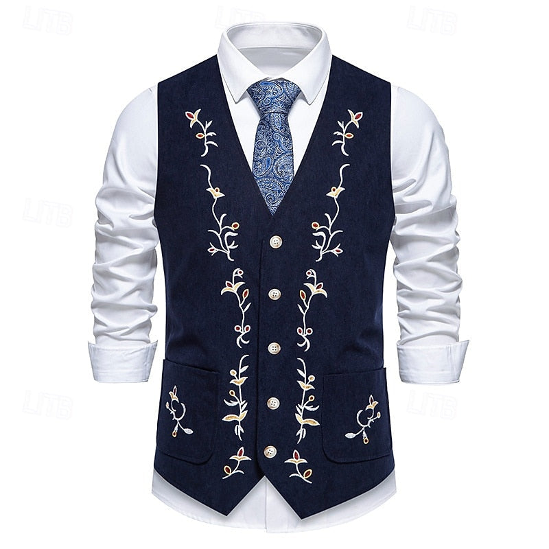 Waistcoat Men's Brown Floral Embroidered V-Neck Single-Breasted Vest – Casual, Office, Holiday, Gift