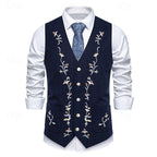Waistcoat Men's Brown Floral Embroidered V-Neck Single-Breasted Vest – Casual, Office, Holiday, Gift
